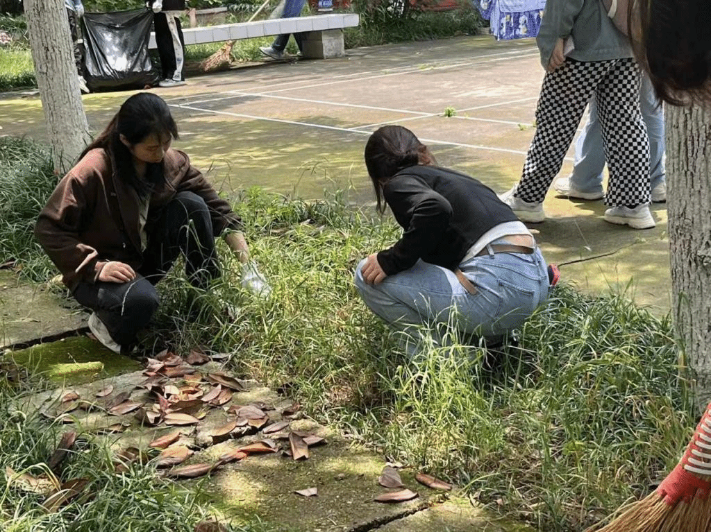 同学们在捡地上的白色垃圾